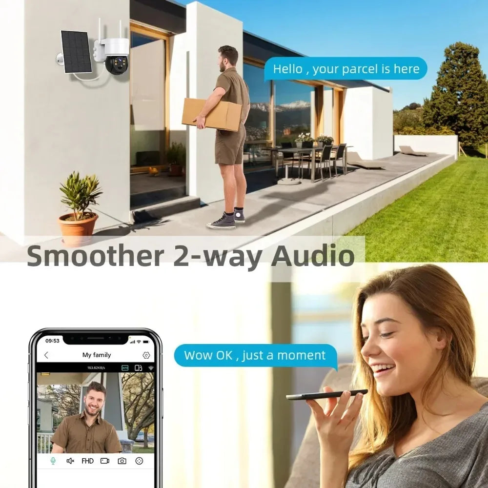 Solar Powered PTZ Security Camera, 2MP WiFi IP Camera with PIR 9m Trigger, 4600mAh Battery Two-Way Audio IP65 Outdoor