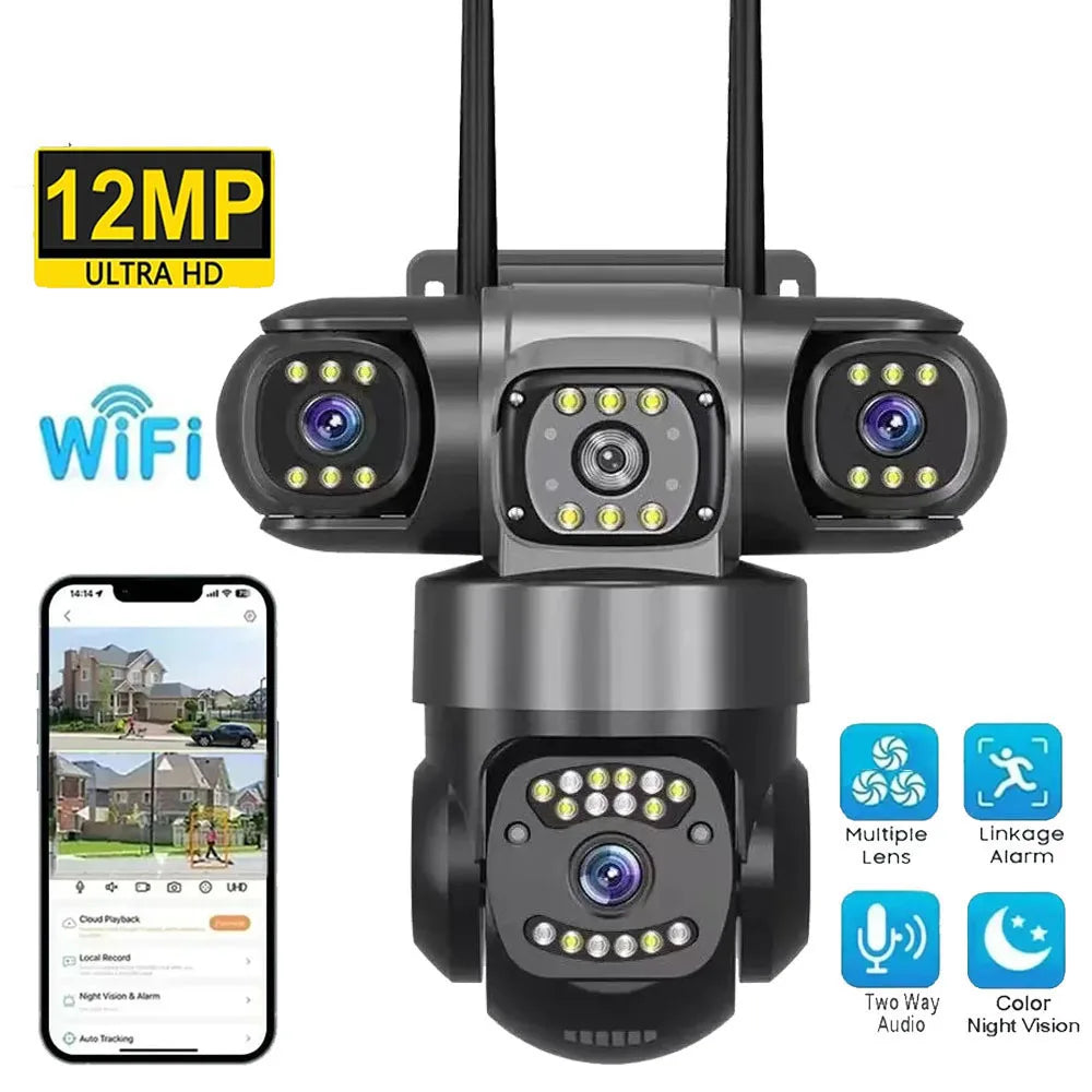 WiFi IP Camera Outdoor 12MP 6K Triple Lenses Triple Screens Waterproof Night Vision Home Security CCTV Video Surveillance Cam