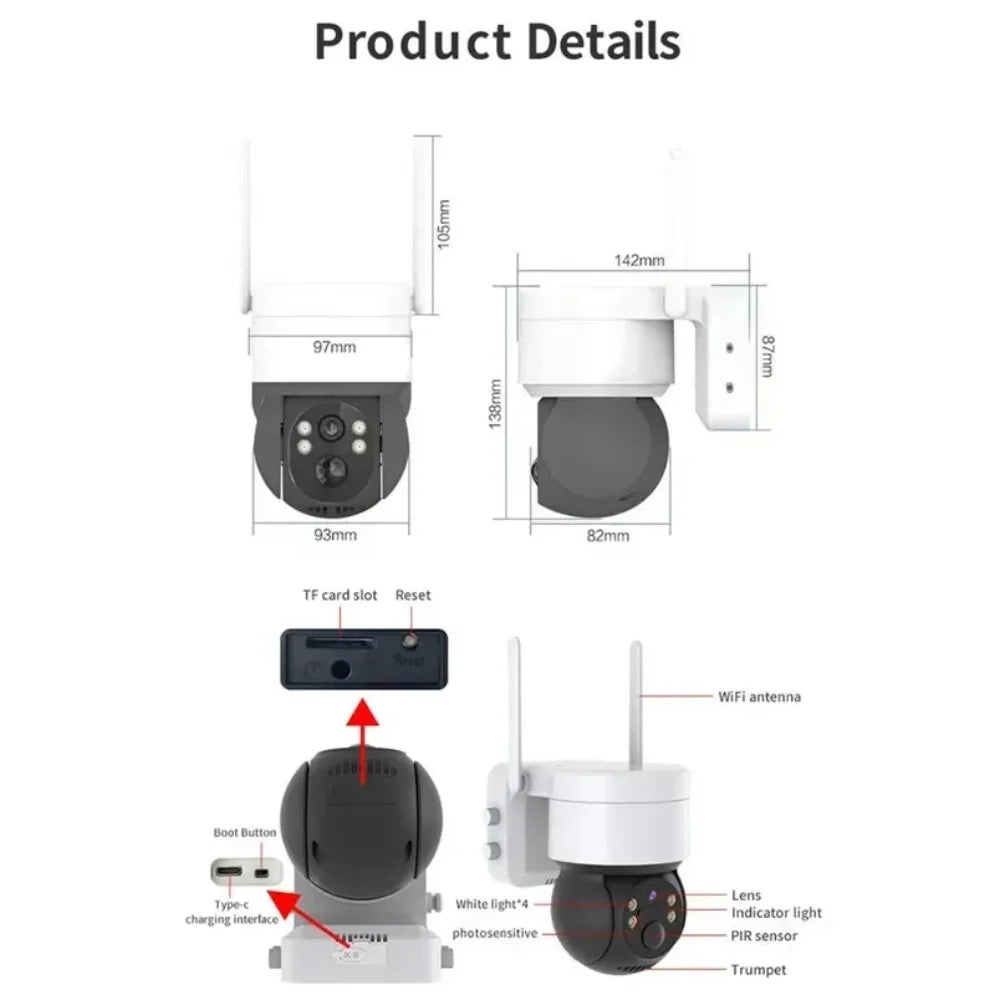 Solar Powered PTZ Security Camera, 2MP WiFi IP Camera with PIR 9m Trigger, 4600mAh Battery Two-Way Audio IP65 Outdoor