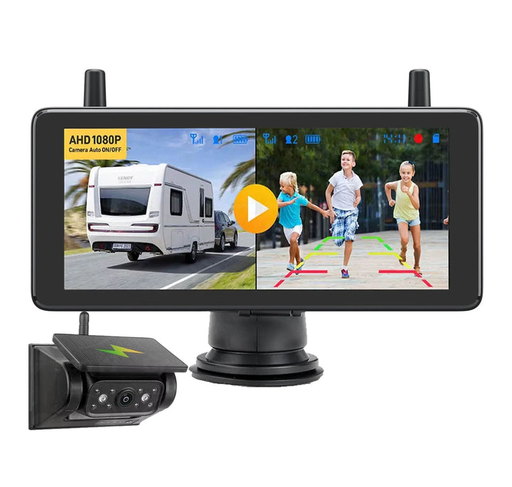 Solar Powered Wireless Backup Camera 7.2 Inch AHD 1080P Dual Screen Monitor & IP69 Waterproof Magnetic for All Cars Trucks RVs