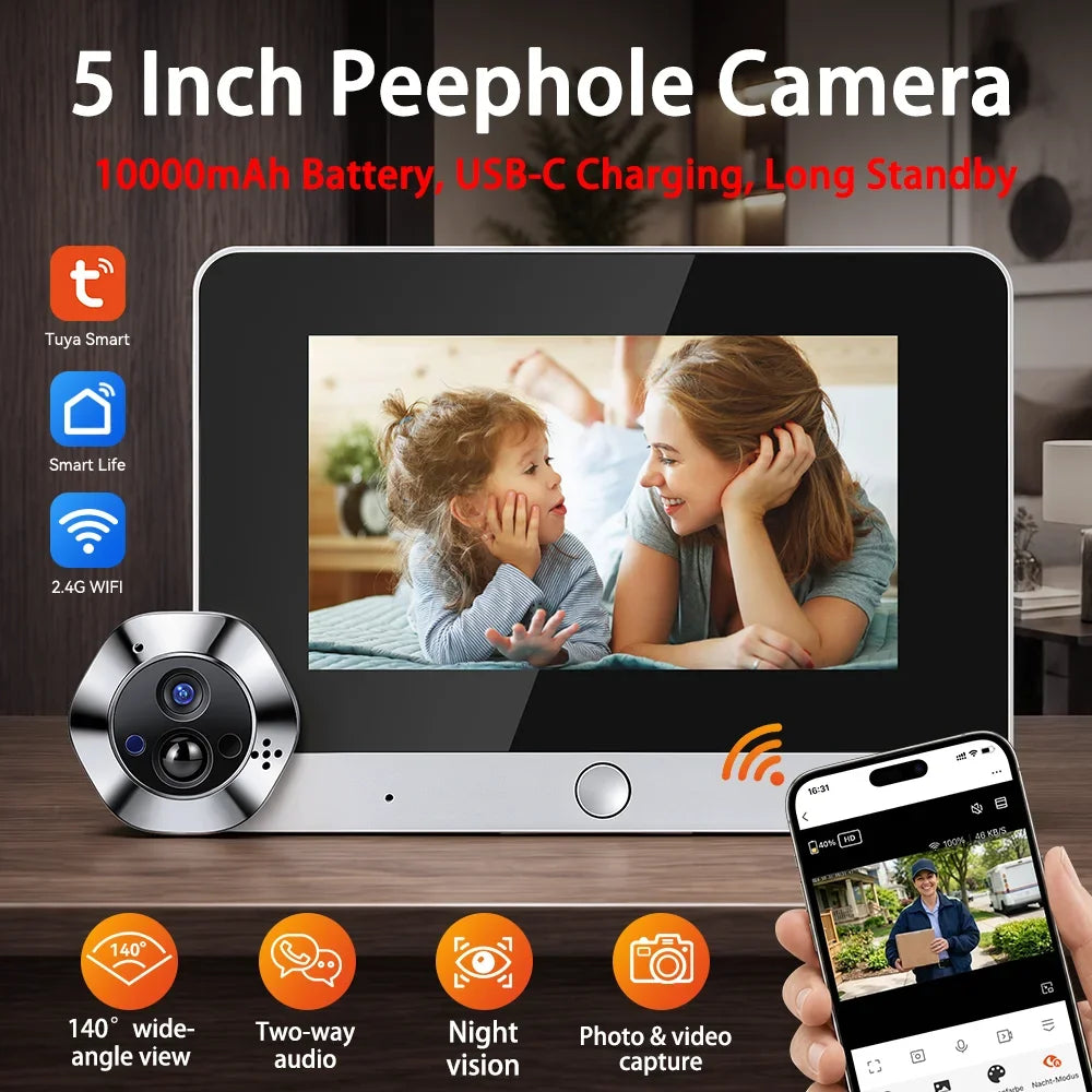 5 Inch WiFi Tuya Video Doorbell 1080P HD Peephole Camera 140°