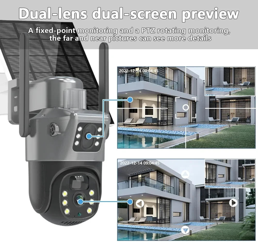 4K 8MP 5G&2.4GHZ WiFi Solar Camera Dual Lens Dual Screen CCTV Camaras PIR Detection EseeCloud Surveillance Battery PTZ Cameras