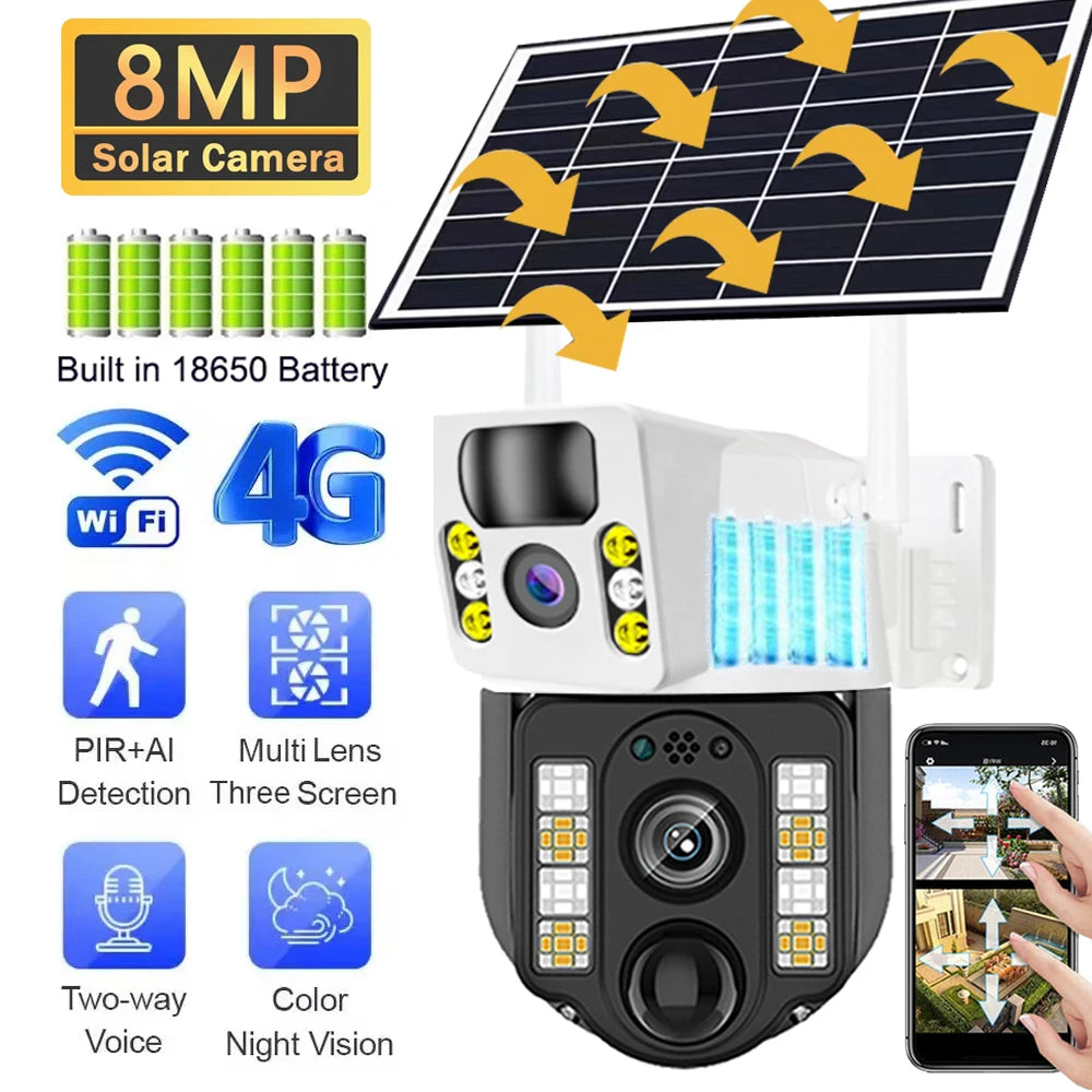 4K 8MP Dual Lens Solar 4G WiFi Camera Wireless Battery Low Powered IP Camara PIR Motion Detect External CCTV Video Surveillence