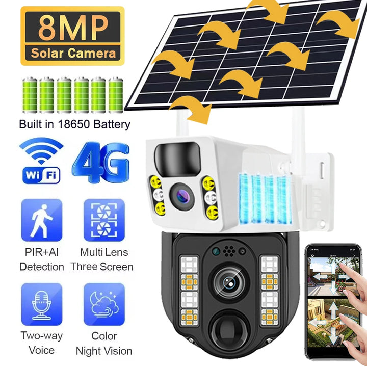 4K 8MP Dual Lens Solar 4G WiFi Camera Wireless Battery Low Powered IP Camara PIR Motion Detect External CCTV Video Surveillence