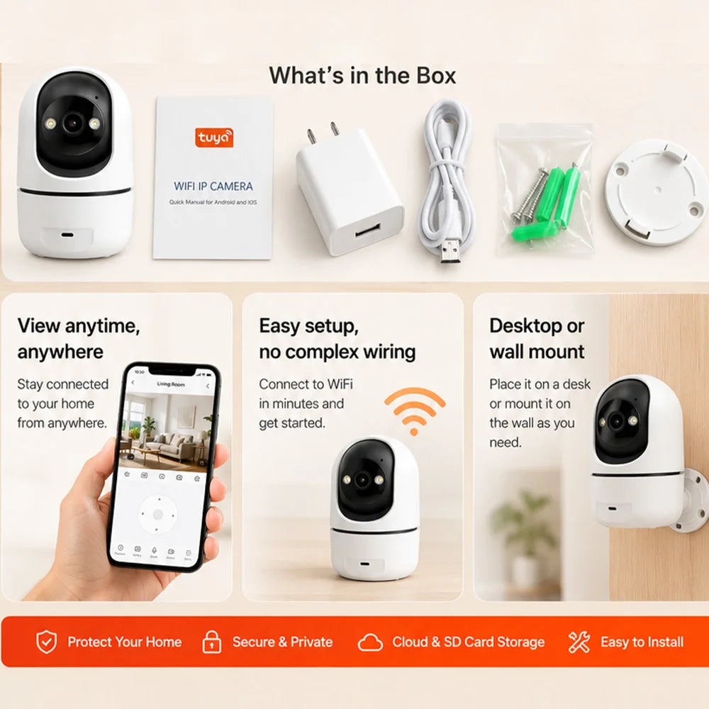 Indoor PTZ WiFi Camera 2MP HD Tuya Smart APP 355 Pan 90 Tilt Two Way Audio Night Vision Motion Alert Remote Baby Pet Monitor Cam