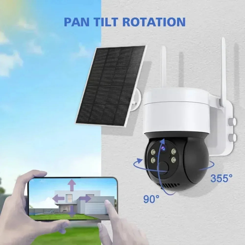 Solar Powered PTZ Security Camera, 2MP WiFi IP Camera with PIR 9m Trigger, 4600mAh Battery Two-Way Audio IP65 Outdoor
