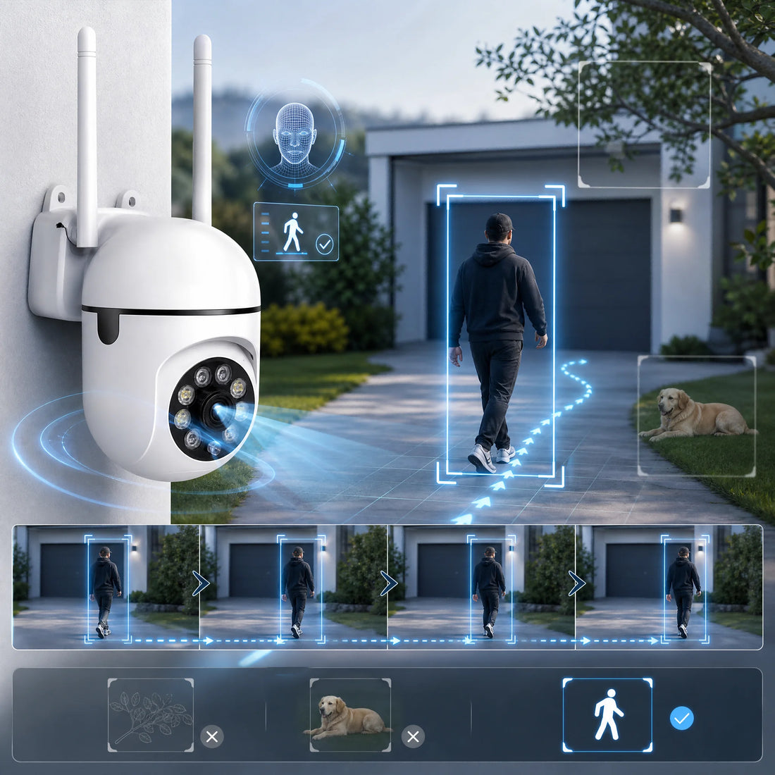 1Wireless PTZ Security Camera 2.4G WiFi FHD Outdoor Indoor Monitor, Auto Human Tracking, IR Night Vision, Two-Way Audio, Motion