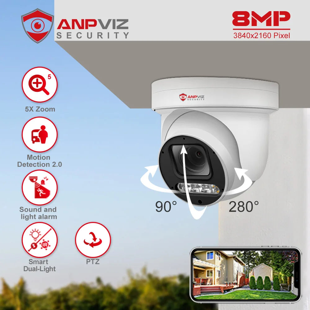 Anpviz PTZ 8MP@ 20fps PTZ IP Camera Outdoor Security 5X Optical Zoom 2.7~13.5mm Smart Dual-Light Sound &Light Alarm 2 Way Talk