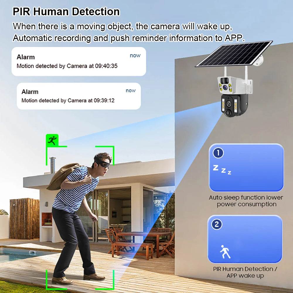 4K 8MP Dual Lens Solar 4G WiFi Camera Wireless Battery Low Powered IP Camara PIR Motion Detect External CCTV Video Surveillence