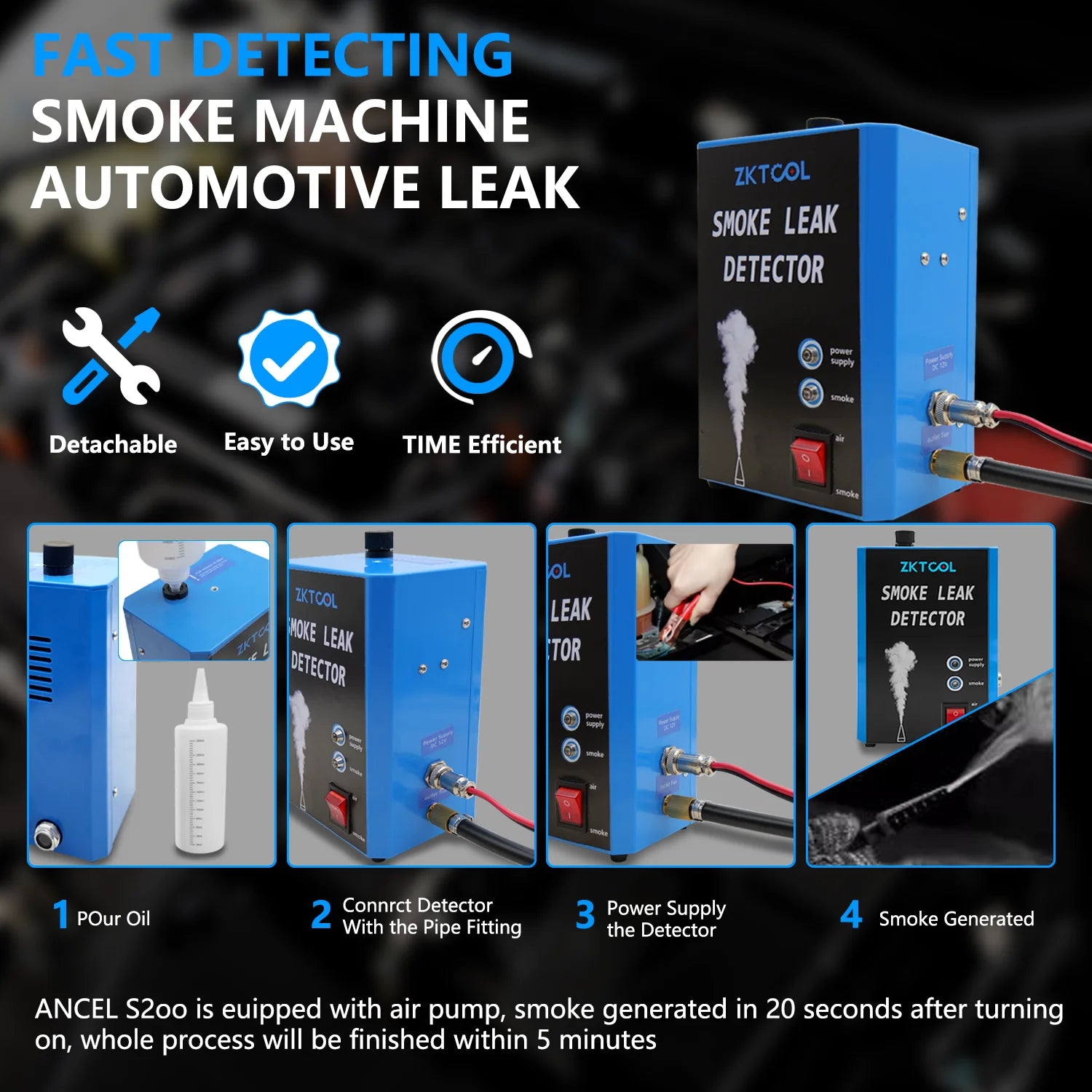 Smoke Leak Detector for Cars and Motorcycles Smoke Machine Diagnostic Tool Vacuum Leak Detection, Fast Smoke Output