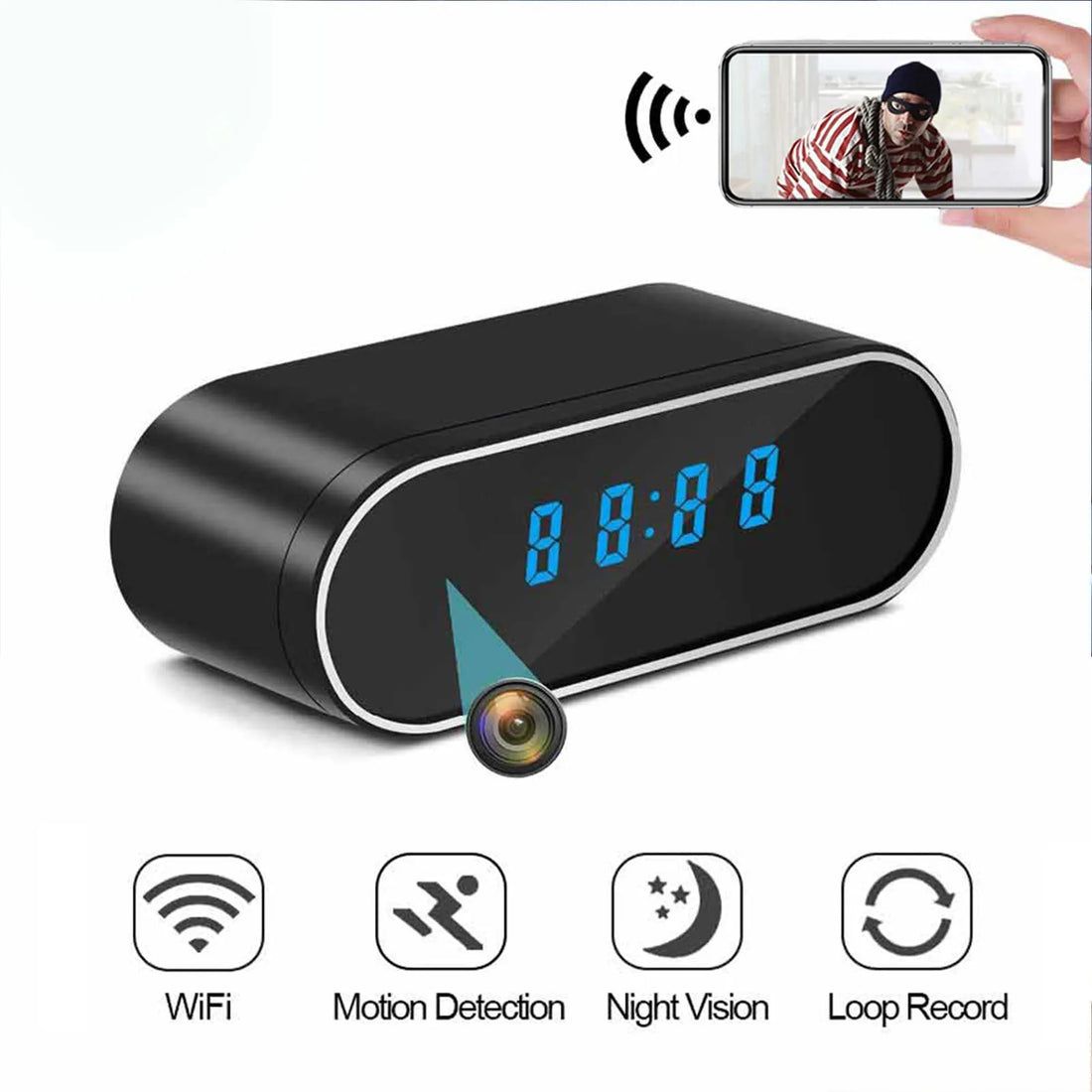 Indoor Camera Wireless WiFi 1080P FHD 130° Wide Angle 12/24H Clock Camera with Motion Detection Night Mode APP for Bedroom