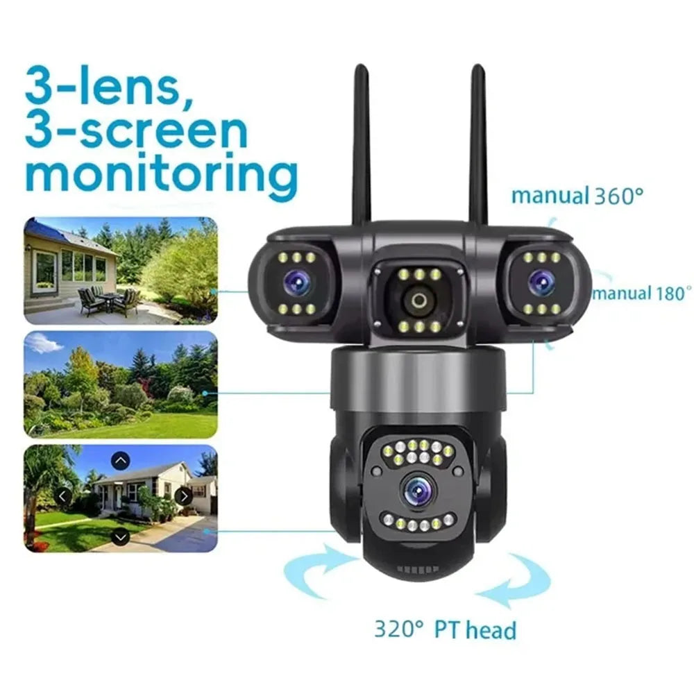 WiFi IP Camera Outdoor 12MP 6K Triple Lenses Triple Screens Waterproof Night Vision Home Security CCTV Video Surveillance Cam