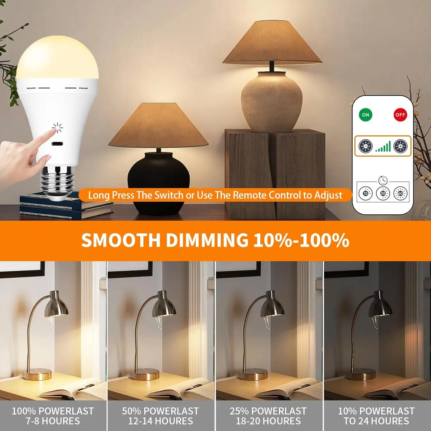 USB-C Rechargeable Light Bulb with Remote Control 5V 7W E27 Smart Battery BulbTouch Control Dimmable LED Bulbs with Timing