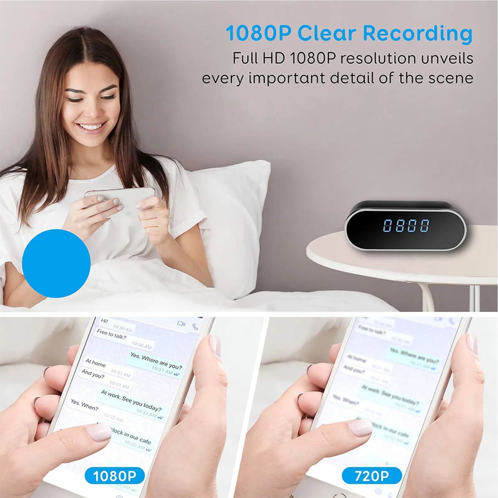 Indoor Camera Wireless WiFi 1080P FHD 130° Wide Angle 12/24H Clock Camera with Motion Detection Night Mode APP for Bedroom