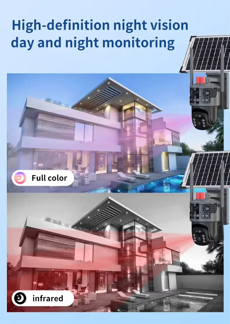 Wireless Solar Powered Security Camera V380 3MP 4G Wifi Outdoor IP Cam with Dual Screen Surveillance Lights