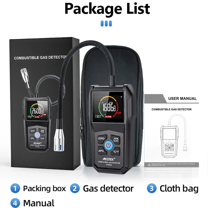 Gas Leak Detector Analyzer Methane Flammable 50000 PPM 100% LEL Combustible Natural Tester LCD Screen Sound and Light Alarm