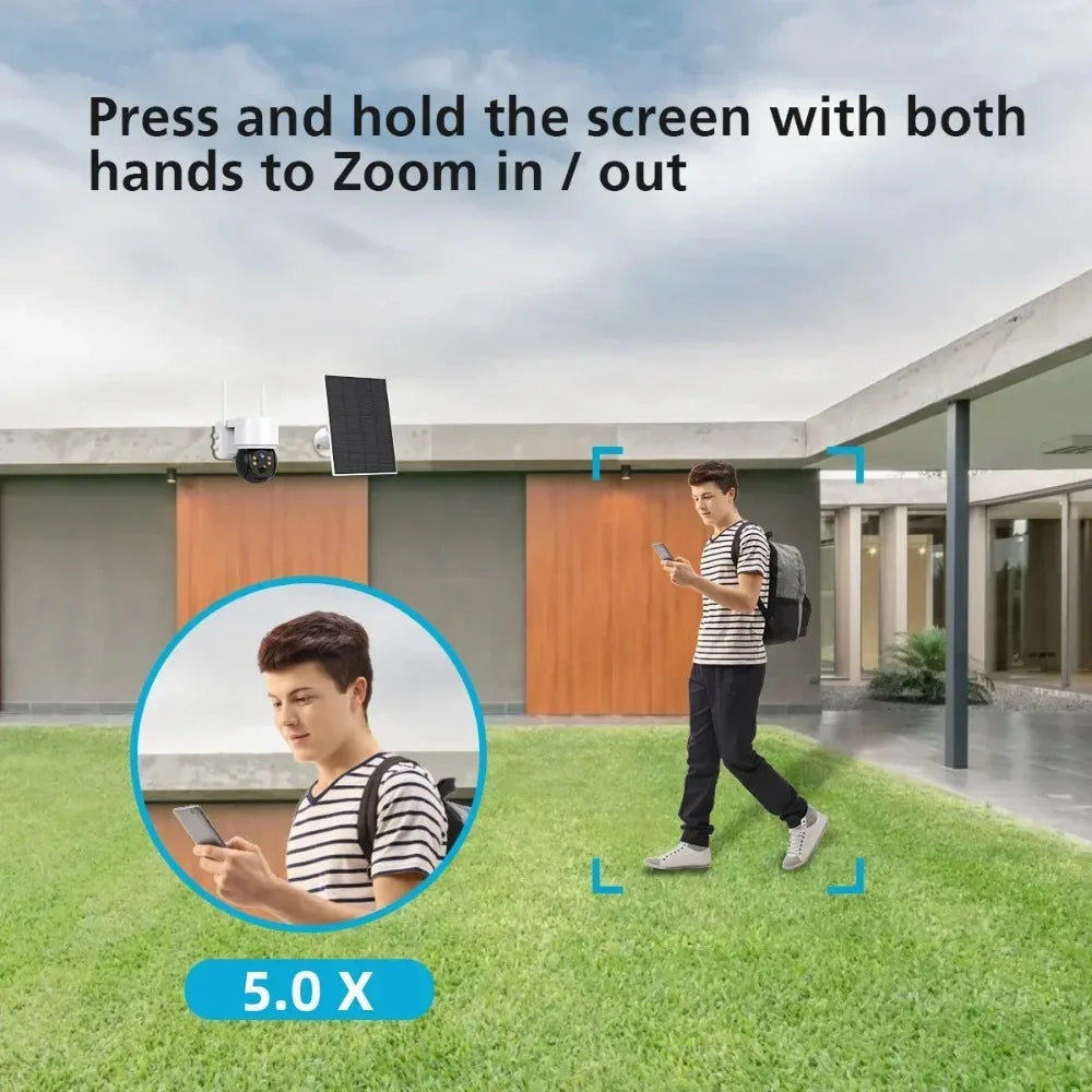 Solar Powered PTZ Security Camera, 2MP WiFi IP Camera with PIR 9m Trigger, 4600mAh Battery Two-Way Audio IP65 Outdoor