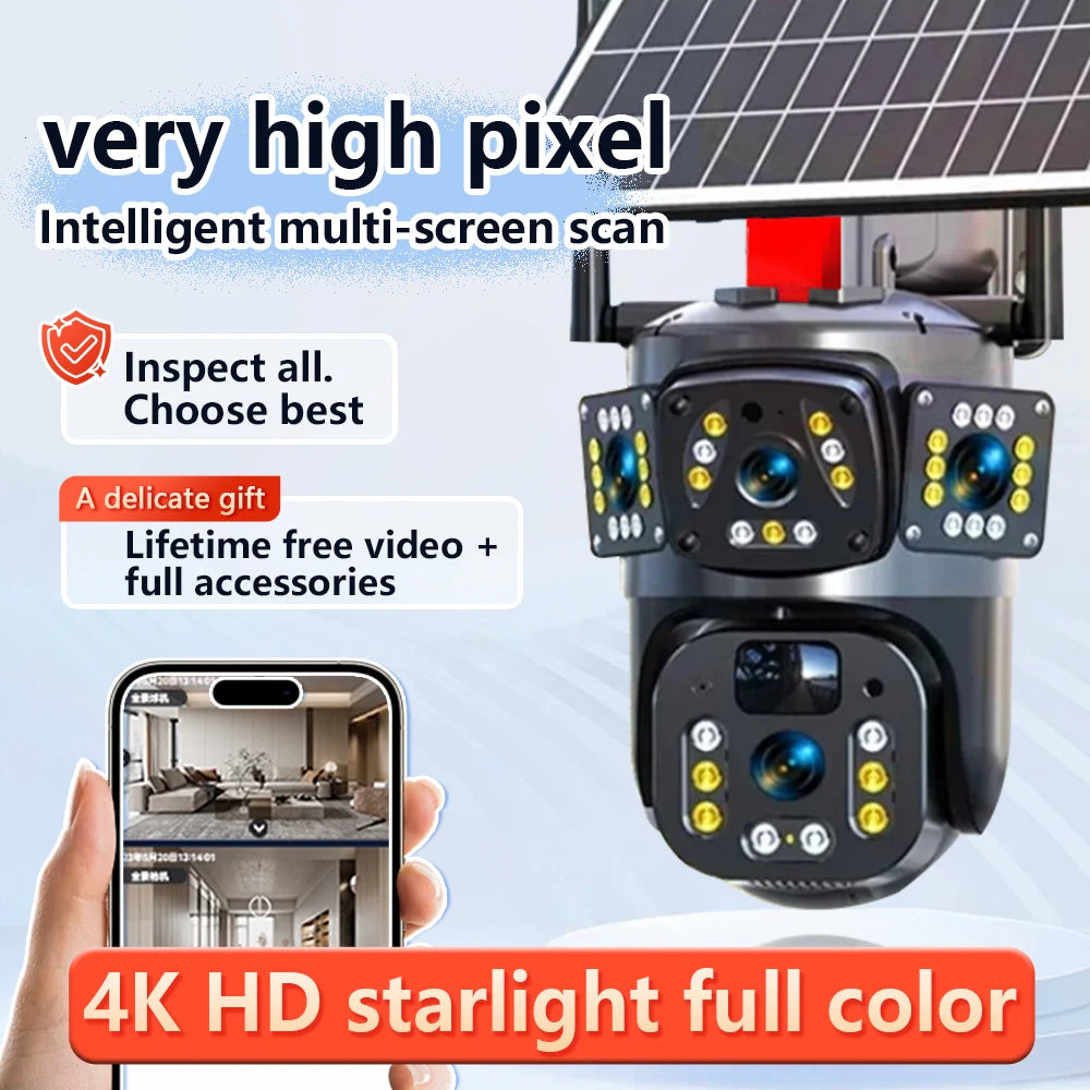 Solar Camera WiFi V360PRO Three Eyes and Two Pictures Outdoor Solar Closed Circuit PTZ Camera 1080P