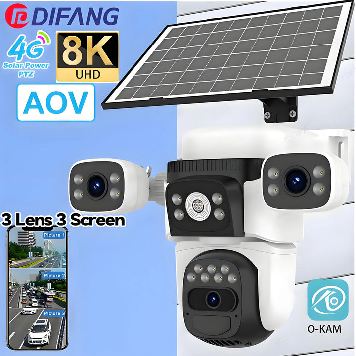 8K 15MP 4G Solar Camera wireless Three Lens Three Screen CCTV Security Protection PIR Solar Cam External  IP Camera Outdoor