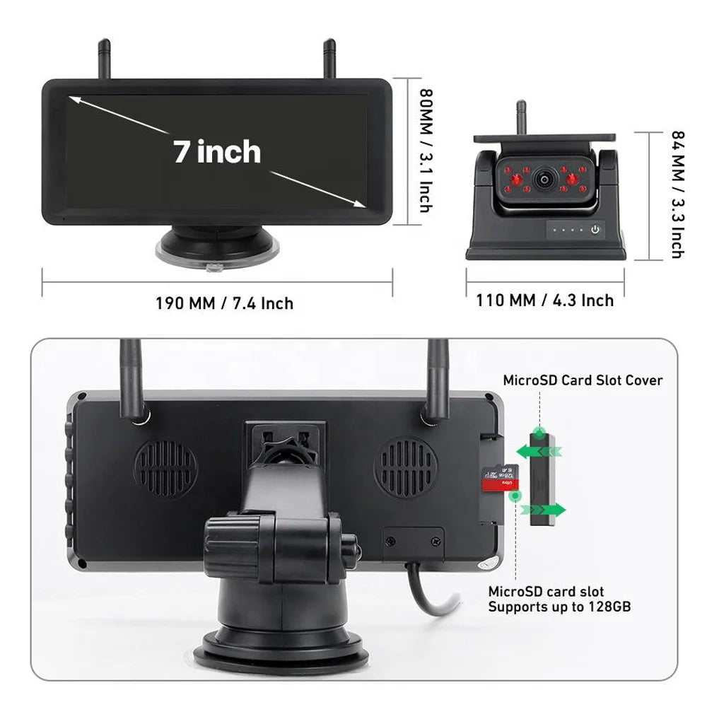 Solar Powered Wireless Backup Camera 7.2 Inch AHD 1080P Dual Screen Monitor & IP69 Waterproof Magnetic for All Cars Trucks RVs