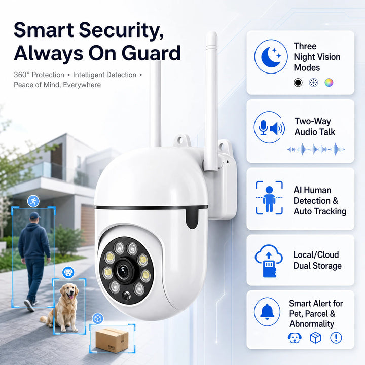 1Wireless PTZ Security Camera 2.4G WiFi FHD Outdoor Indoor Monitor, Auto Human Tracking, IR Night Vision, Two-Way Audio, Motion