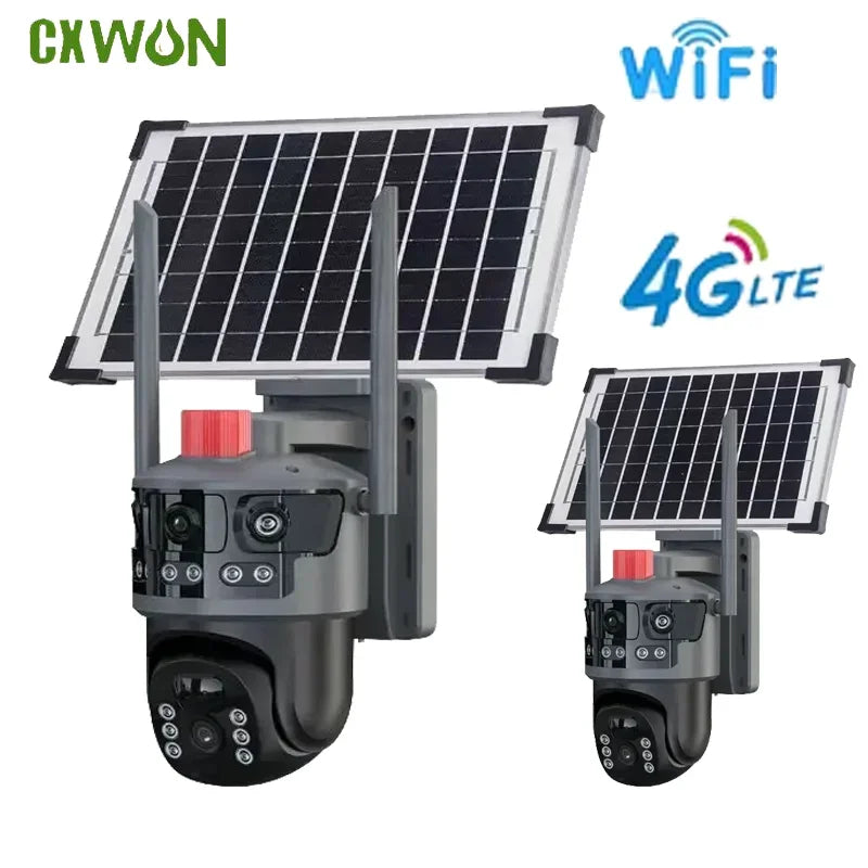 Wireless Solar Powered Security Camera V380 3MP 4G Wifi Outdoor IP Cam with Dual Screen Surveillance Lights