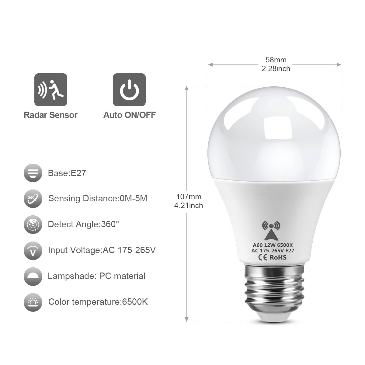 2PCS/Pack Smart E27 6500K Radar Motion Sensor LED Bulbs AC85V-265V Lamp Only Light Up at Night/Dark Energy-Saving