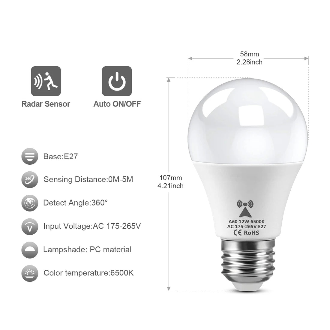 2PCS/Pack Smart E27 6500K Radar Motion Sensor LED Bulbs AC85V-265V Lamp Only Light Up at Night/Dark Energy-Saving
