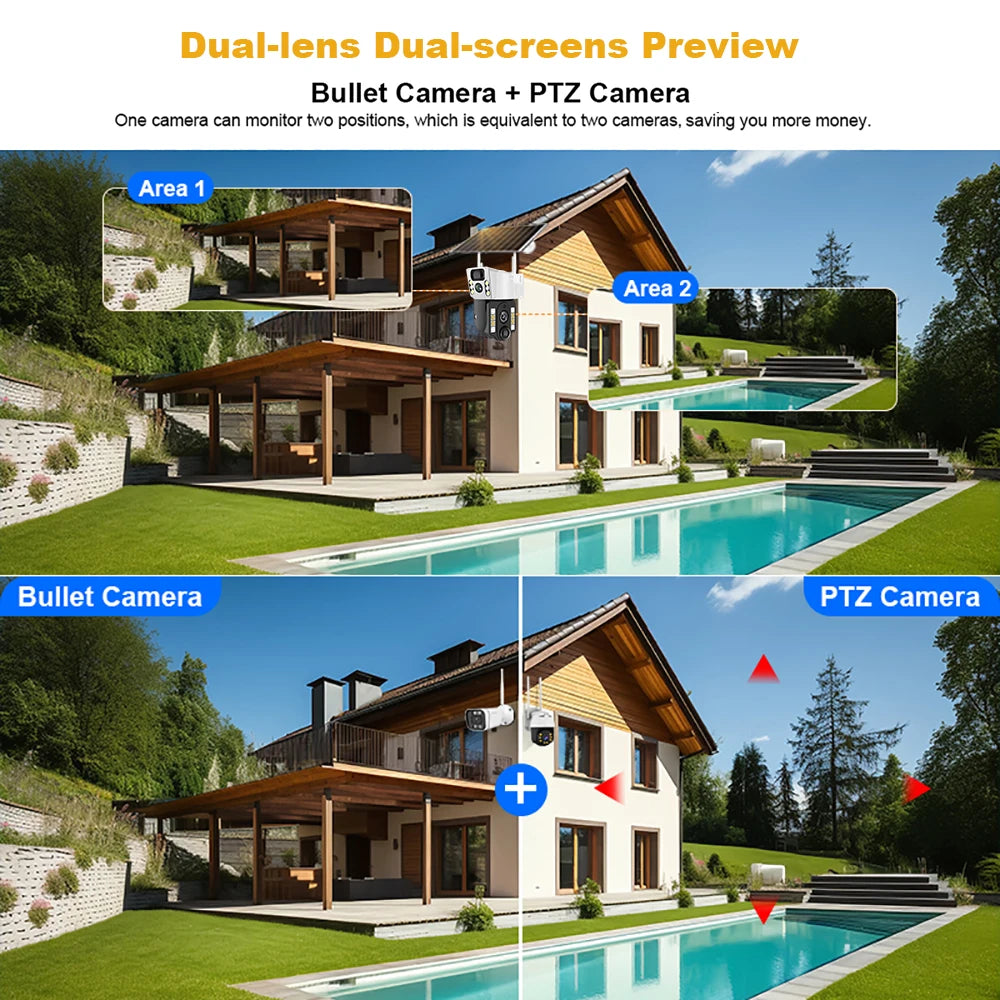 4K 8MP Dual Lens Solar 4G WiFi Camera Wireless Battery Low Powered IP Camara PIR Motion Detect External CCTV Video Surveillence