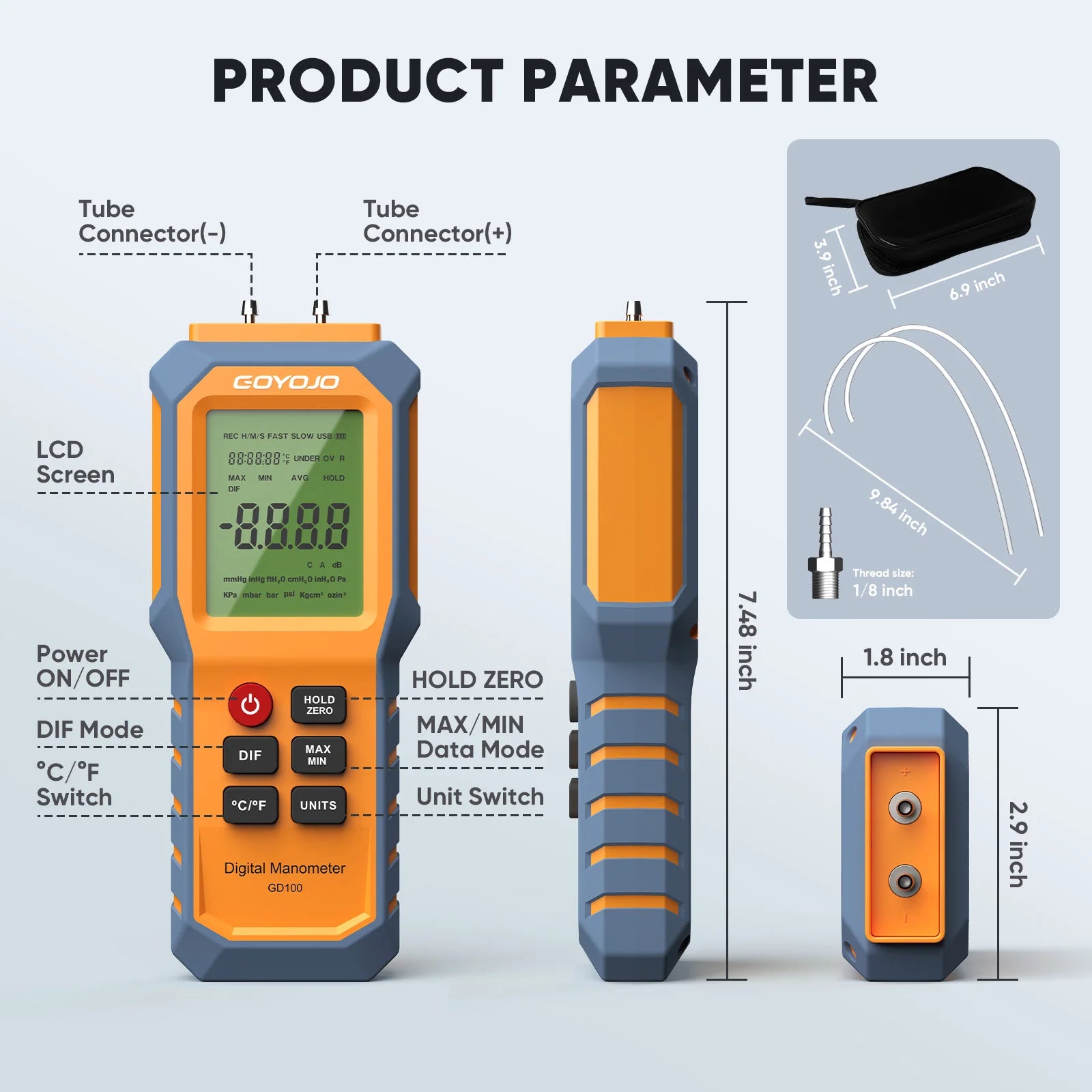 Pressure Gauge for Natural Gas Pipelines Ventilation Detection Air Digital Manometer Backlit Dual Port Gas Pressure Test
