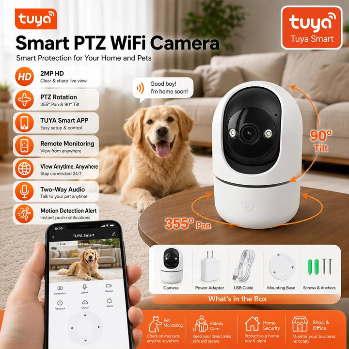 Indoor PTZ WiFi Camera 2MP HD Tuya Smart APP 355 Pan 90 Tilt Two Way Audio Night Vision Motion Alert Remote Baby Pet Monitor Cam