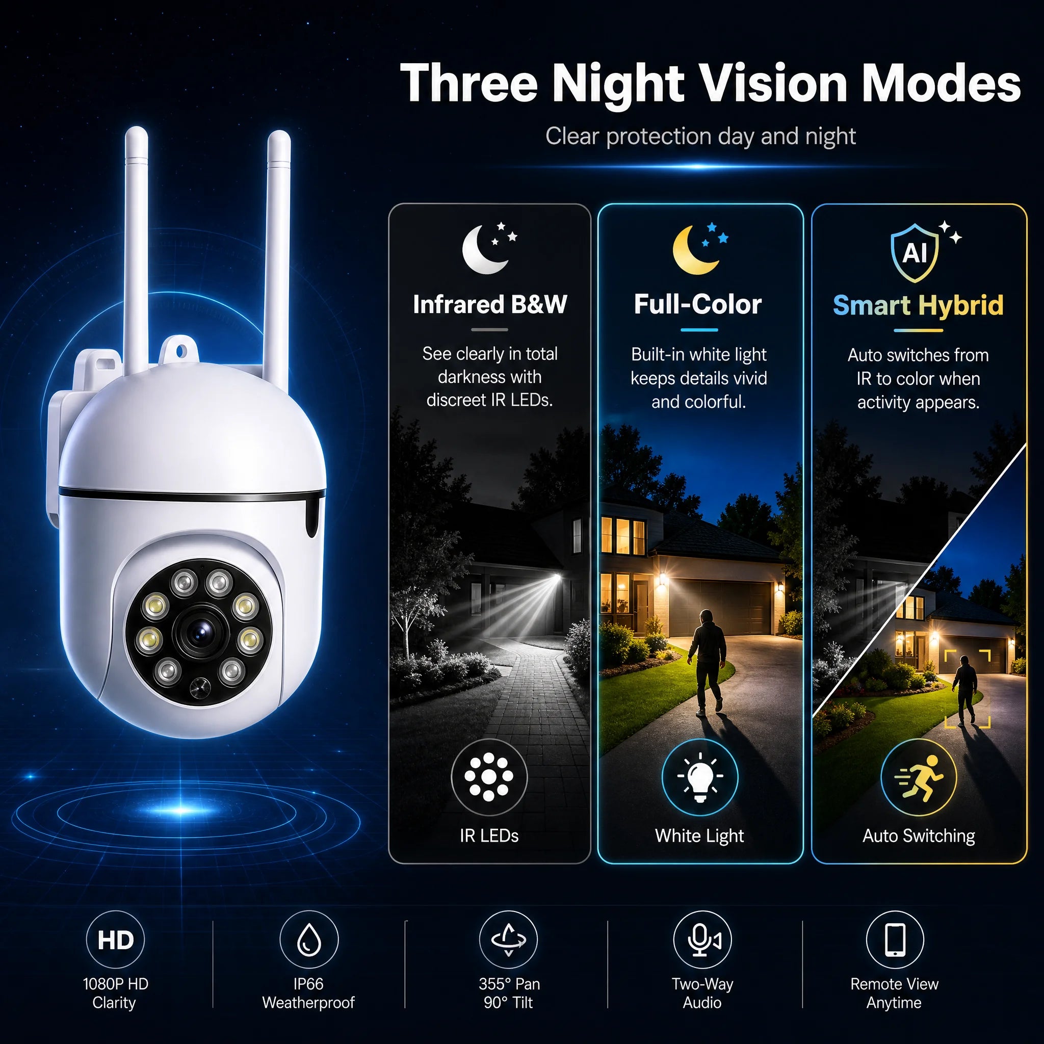 1Wireless PTZ Security Camera 2.4G WiFi FHD Outdoor Indoor Monitor, Auto Human Tracking, IR Night Vision, Two-Way Audio, Motion