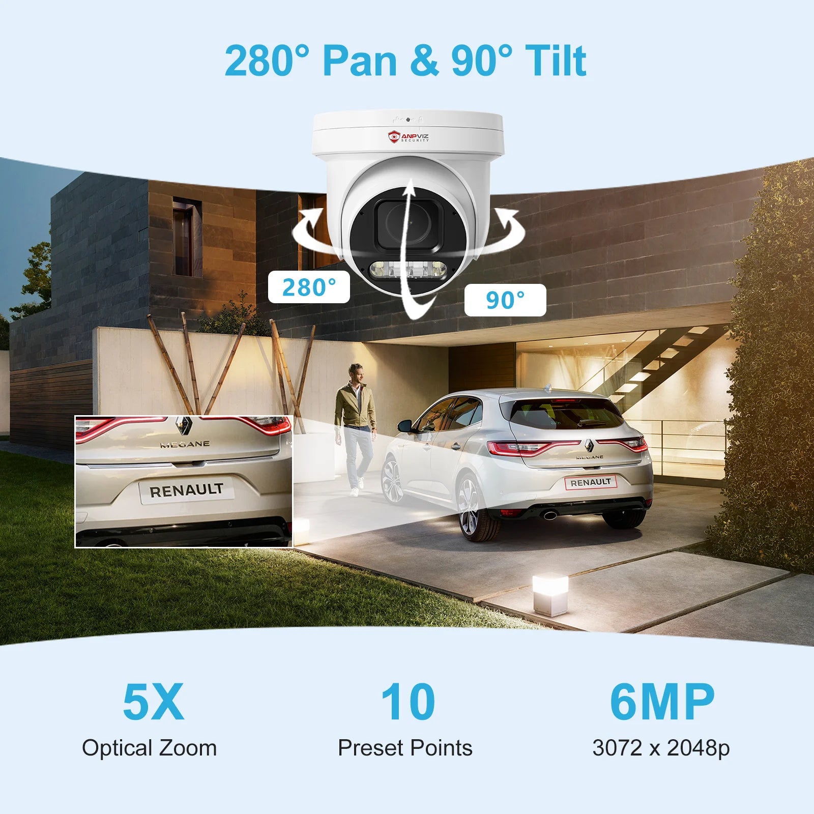 Anpviz PTZ 8MP@ 20fps PTZ IP Camera Outdoor Security 5X Optical Zoom 2.7~13.5mm Smart Dual-Light Sound &Light Alarm 2 Way Talk