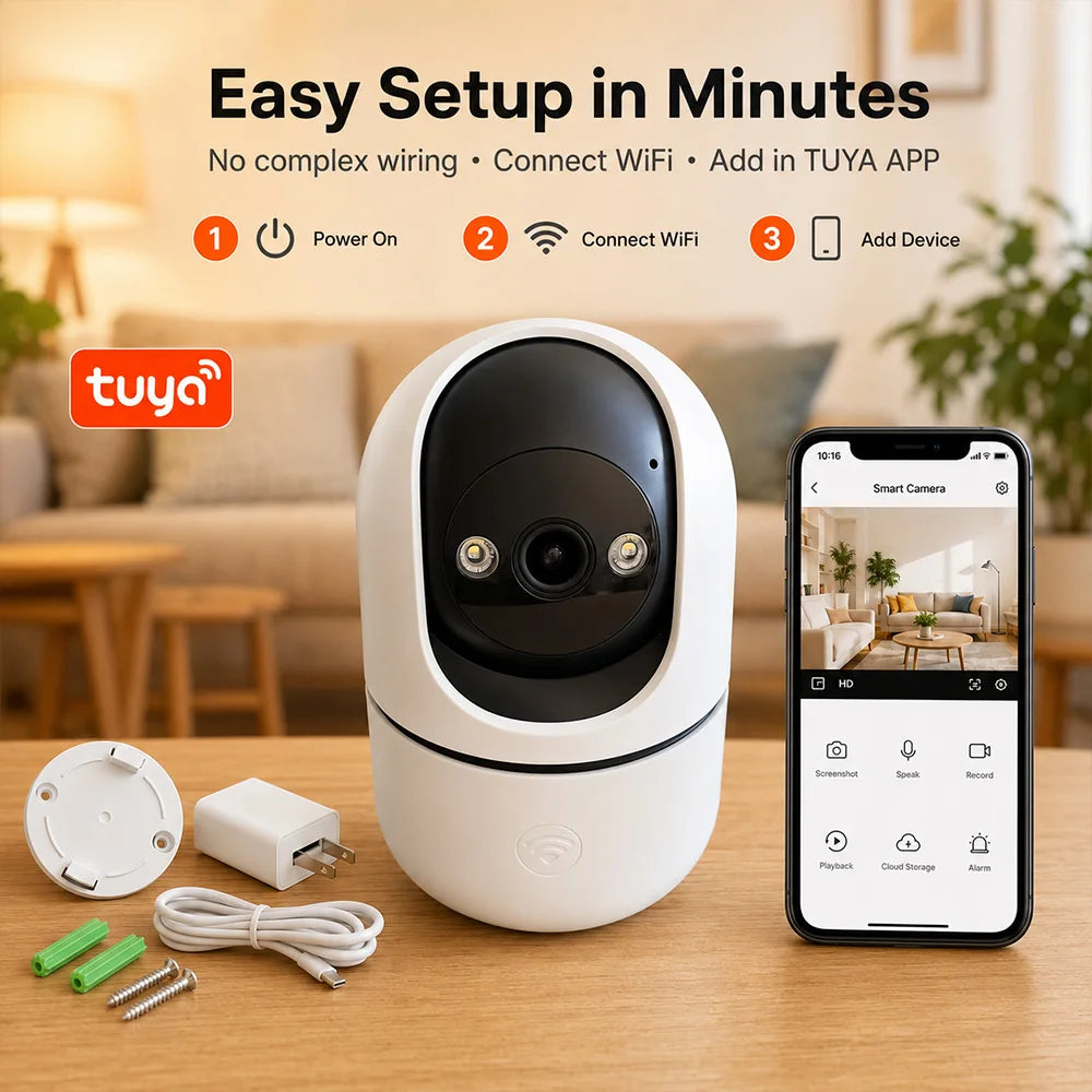 Indoor PTZ WiFi Camera 2MP HD Tuya Smart APP 355 Pan 90 Tilt Two Way Audio Night Vision Motion Alert Remote Baby Pet Monitor Cam
