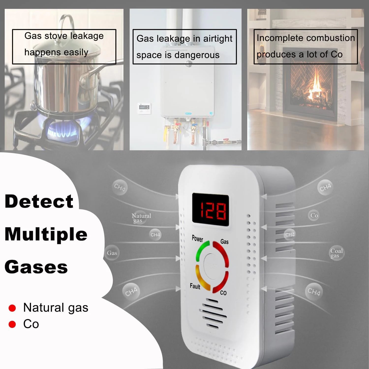 Natural Gas Detector 2in1 And Carbon Monoxide CO Detector, Combustible Gas Leak Detector Monitor For Co, Lpg, Methane In Kitchen