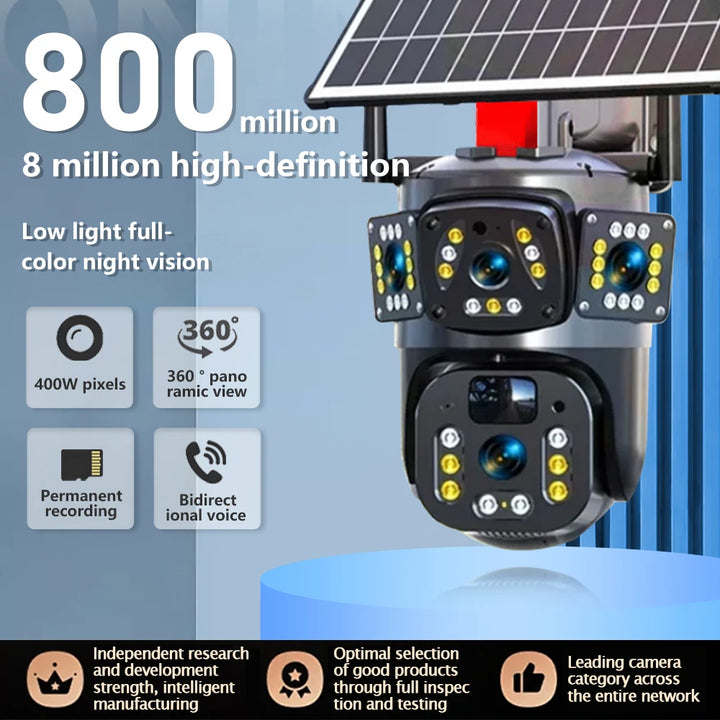 Solar Camera WiFi V360PRO Three Eyes and Two Pictures Outdoor Solar Closed Circuit PTZ Camera 1080P