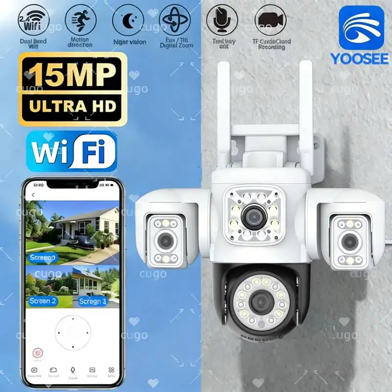 15MP PTZ WiFi Camera Four Len Three Screen 360° 16X Zoom Camera Outdoor Wireless Surveillance Auto Tracking CCTV Cameras Yoosee