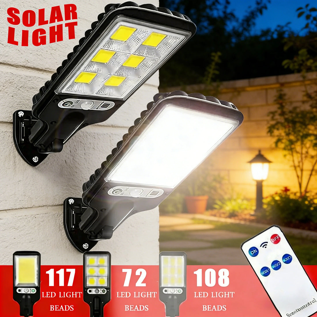 Solar Powered Security Lights 108LED Outdoor Wall Lamp with 3 Modes PIR Motion Sensor Waterproof for Outdoor Yard Fence Path